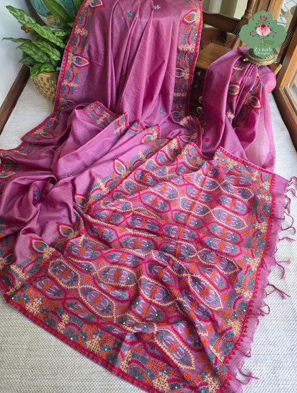 Heer | Pink Tussar Tissue Saree With Hand Embroidery