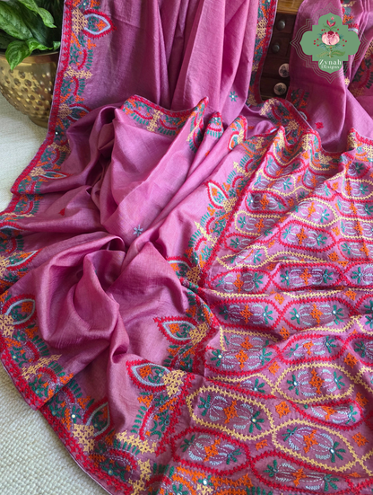 Heer | Pink Tussar Tissue Saree With Hand Embroidery