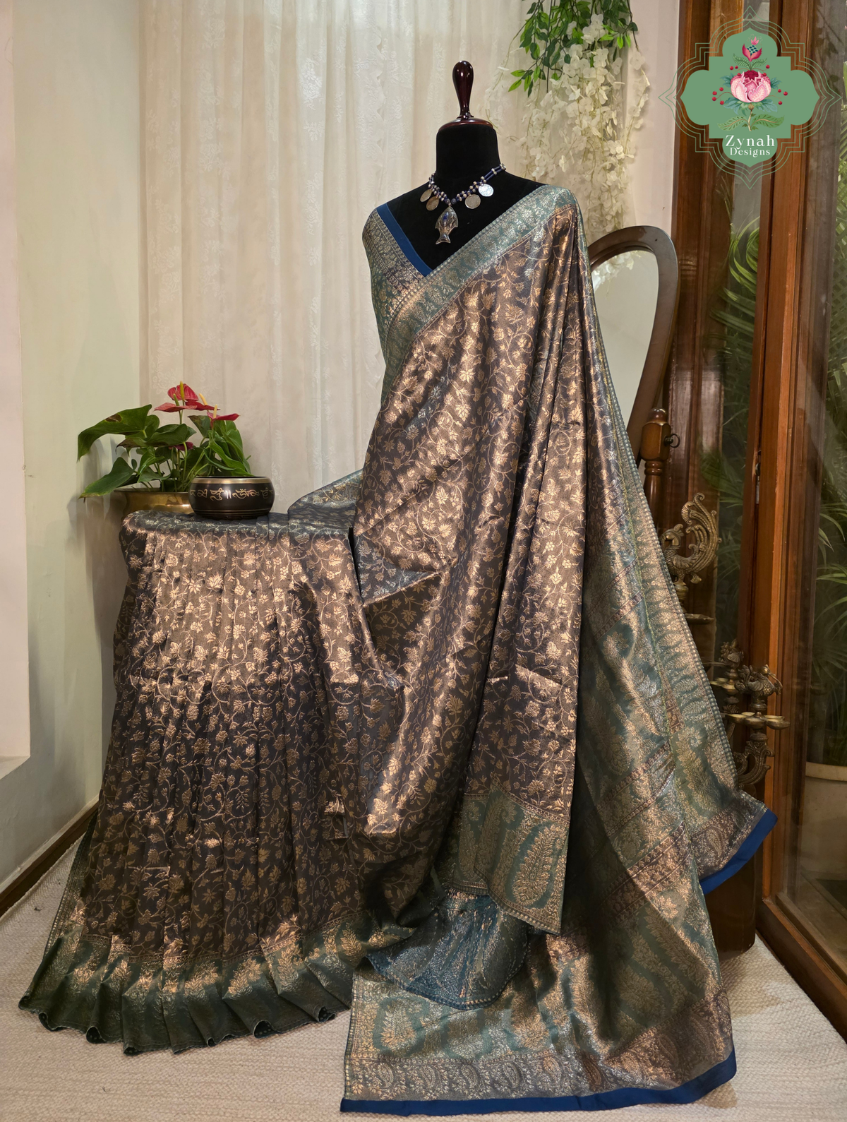 Hema | Dark Brown Kashmiri Pure Kani Tissue Silk Jamavar Weave Saree | Made To Order