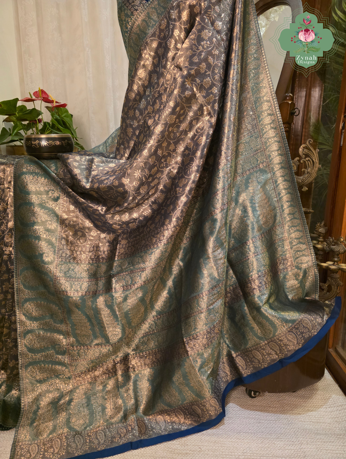 Hema | Dark Brown Kashmiri Pure Kani Tissue Silk Jamavar Weave Saree | Made To Order