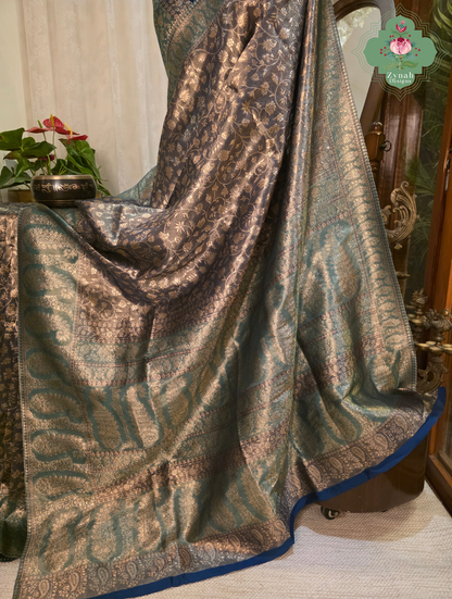 Hema | Dark Brown Kashmiri Pure Kani Tissue Silk Jamavar Weave Saree | Made To Order