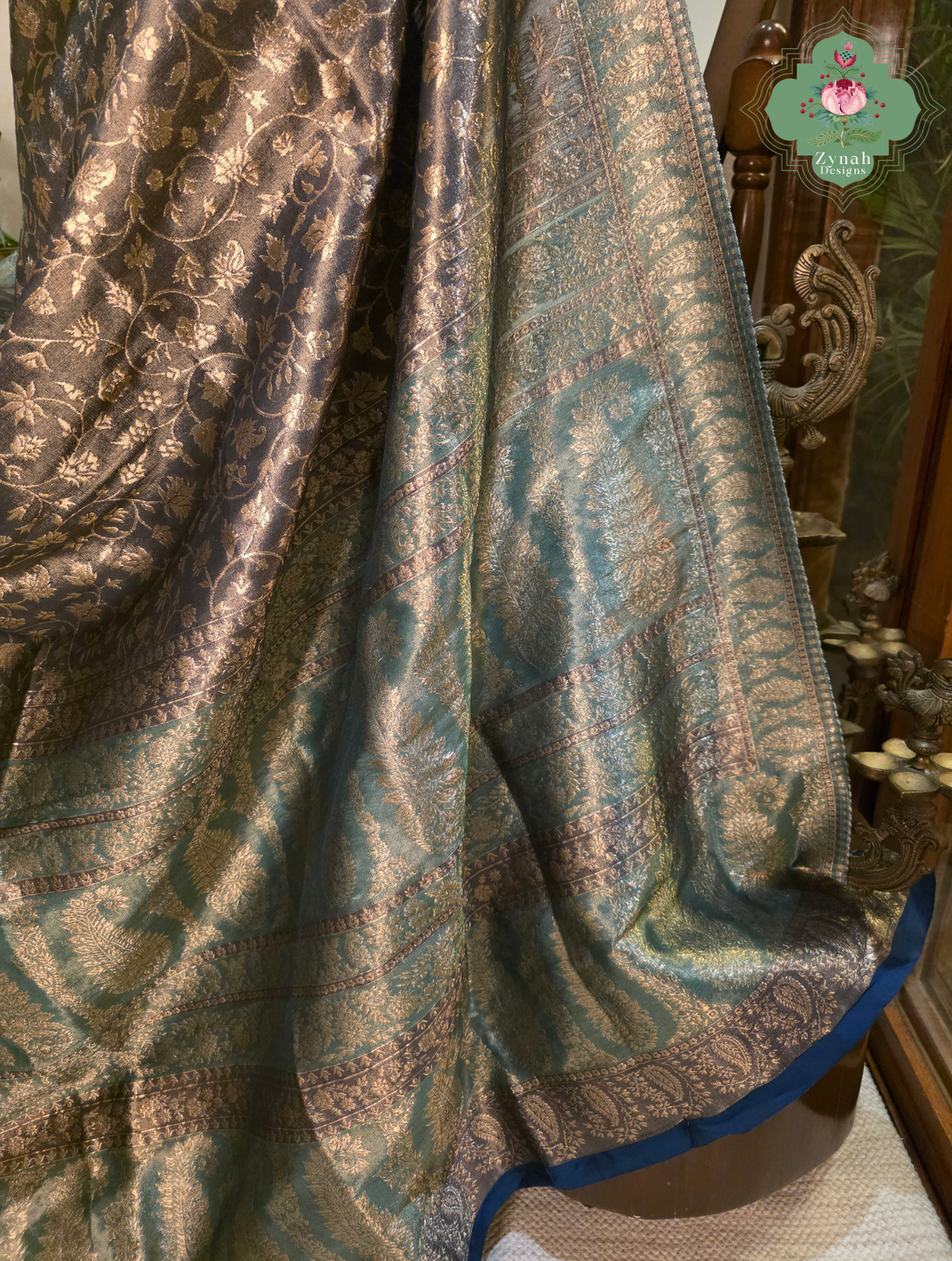 Hema | Dark Brown Kashmiri Pure Kani Tissue Silk Jamavar Weave Saree | Made To Order