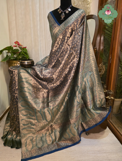 Hema | Dark Brown Kashmiri Pure Kani Tissue Silk Jamavar Weave Saree | Made To Order