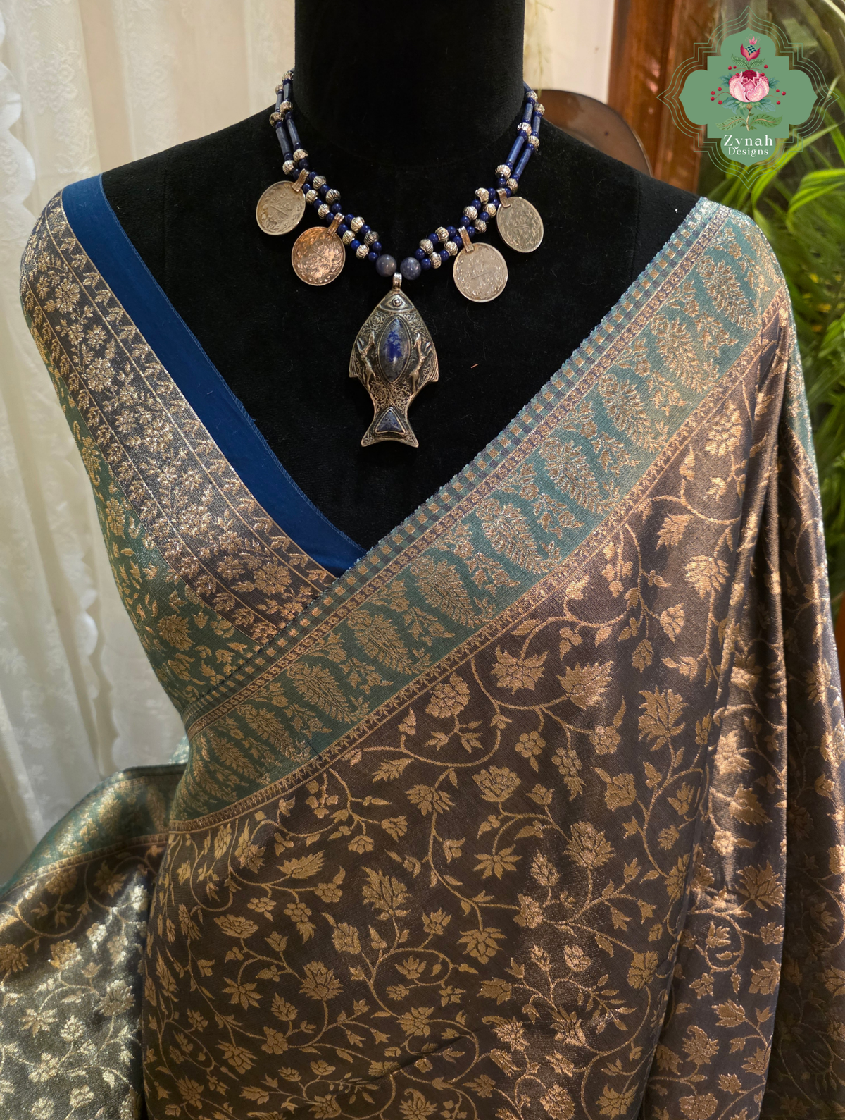 Hema | Dark Brown Kashmiri Pure Kani Tissue Silk Jamavar Weave Saree | Made To Order