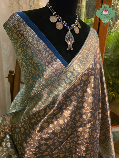 Hema | Dark Brown Kashmiri Pure Kani Tissue Silk Jamavar Weave Saree | Made To Order