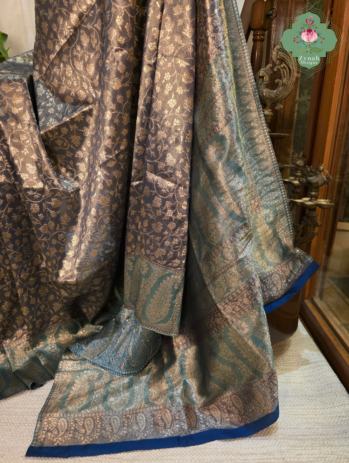 Hema | Dark Brown Kashmiri Pure Kani Tissue Silk Jamavar Weave Saree | Made To Order