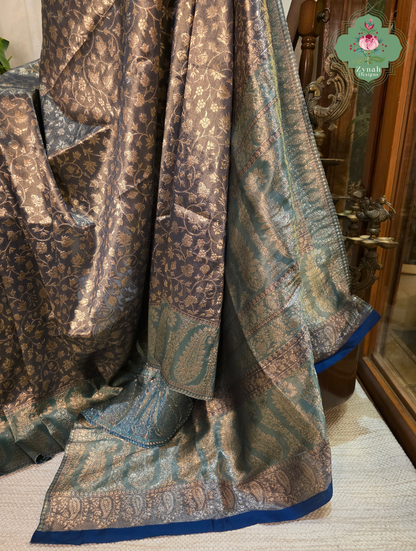 Hema | Dark Brown Kashmiri Pure Kani Tissue Silk Jamavar Weave Saree | Made To Order