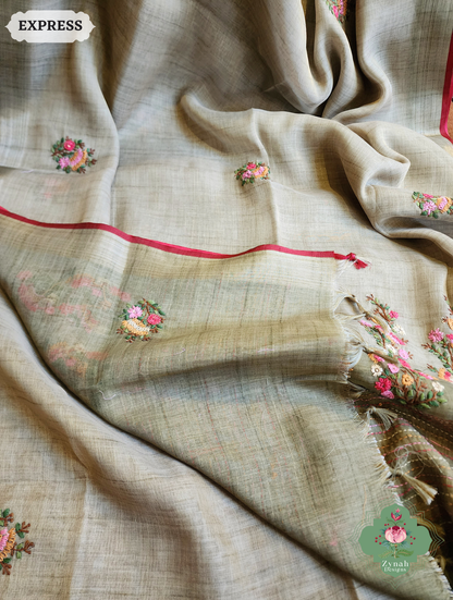 Zynah Henna Green Linen Tissue Saree Adorned With French-knot & Kantha Hand Embroidery; Custom Stitched/Ready-made Blouse, Fall, Petticoat; SKU: 1903202506