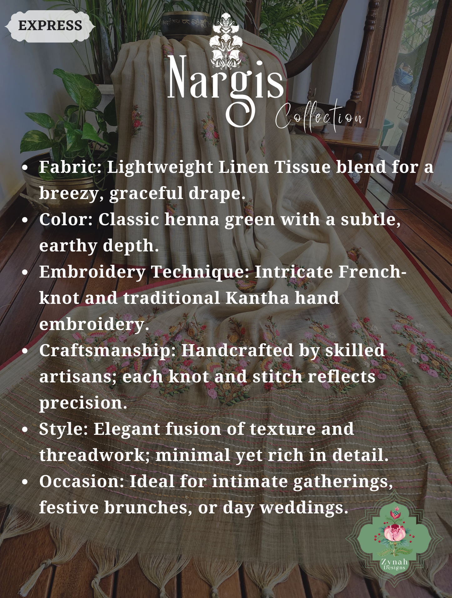 Zynah Henna Green Linen Tissue Saree Adorned With French-knot & Kantha Hand Embroidery; Custom Stitched/Ready-made Blouse, Fall, Petticoat; SKU: 1903202506