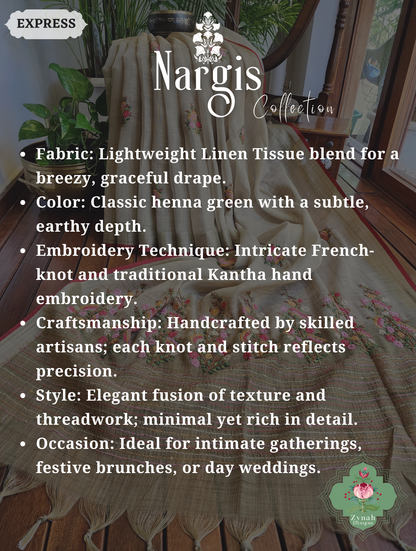 Zynah Henna Green Linen Tissue Saree Adorned With French-knot & Kantha Hand Embroidery; Custom Stitched/Ready-made Blouse, Fall, Petticoat; SKU: 1903202506