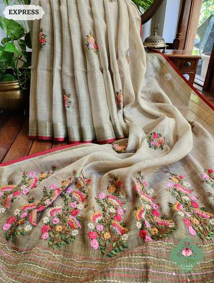 Zynah Henna Green Linen Tissue Saree Adorned With French-knot & Kantha Hand Embroidery; Custom Stitched/Ready-made Blouse, Fall, Petticoat; SKU: 1903202506