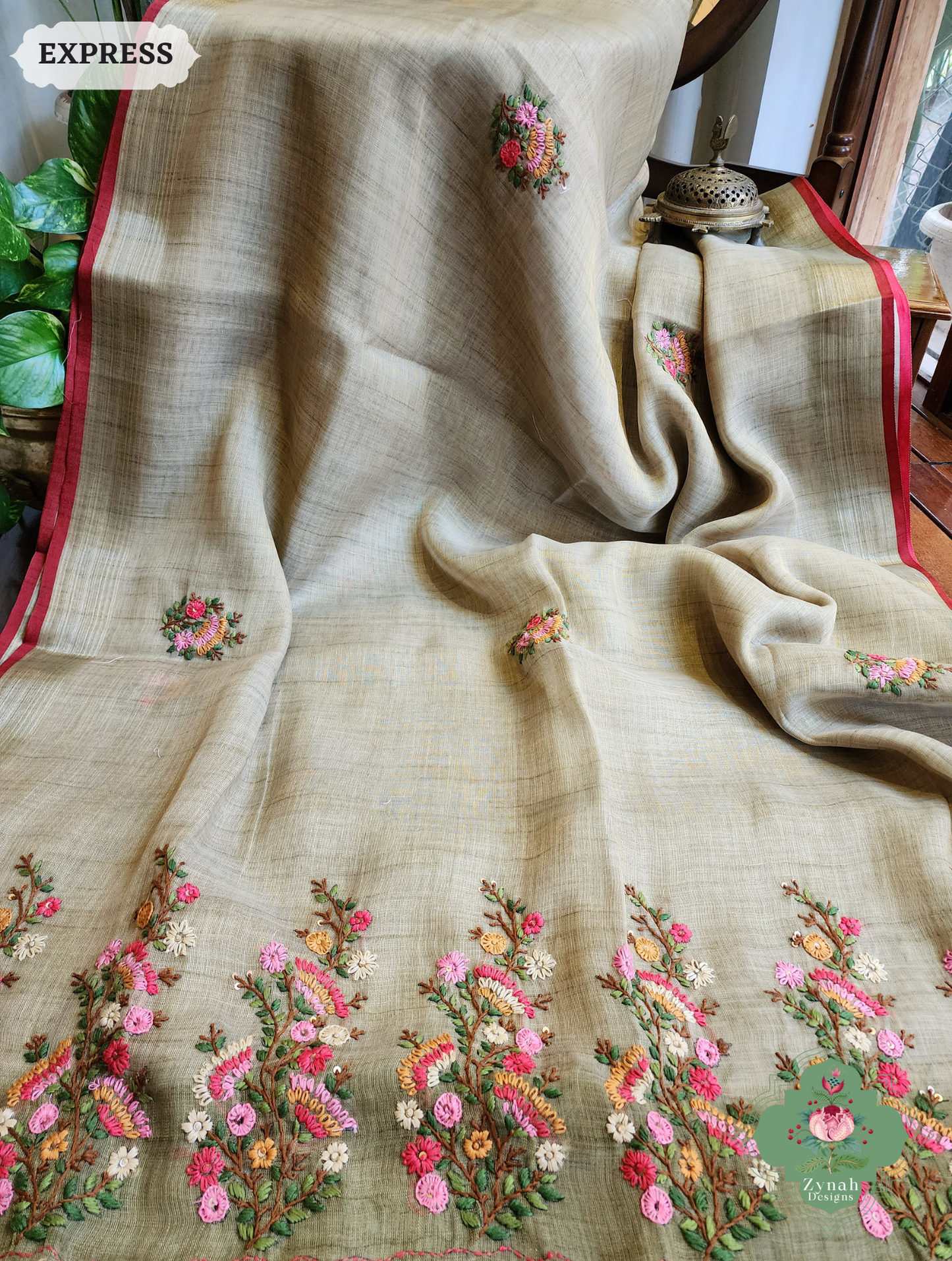 Zynah Henna Green Linen Tissue Saree Adorned With French-knot & Kantha Hand Embroidery; Custom Stitched/Ready-made Blouse, Fall, Petticoat; SKU: 1903202506