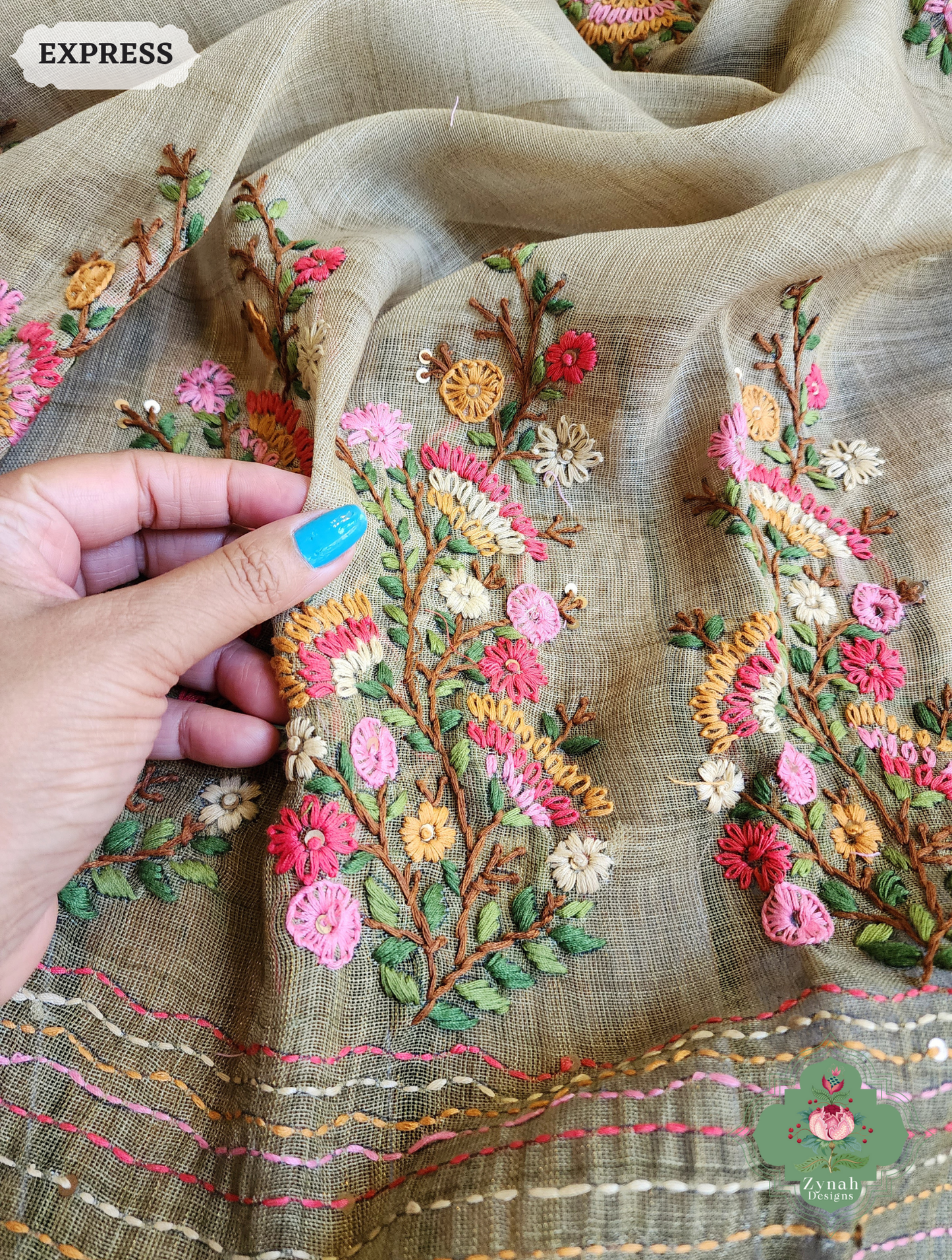 Zynah Henna Green Linen Tissue Saree Adorned With French-knot & Kantha Hand Embroidery; Custom Stitched/Ready-made Blouse, Fall, Petticoat; SKU: 1903202506