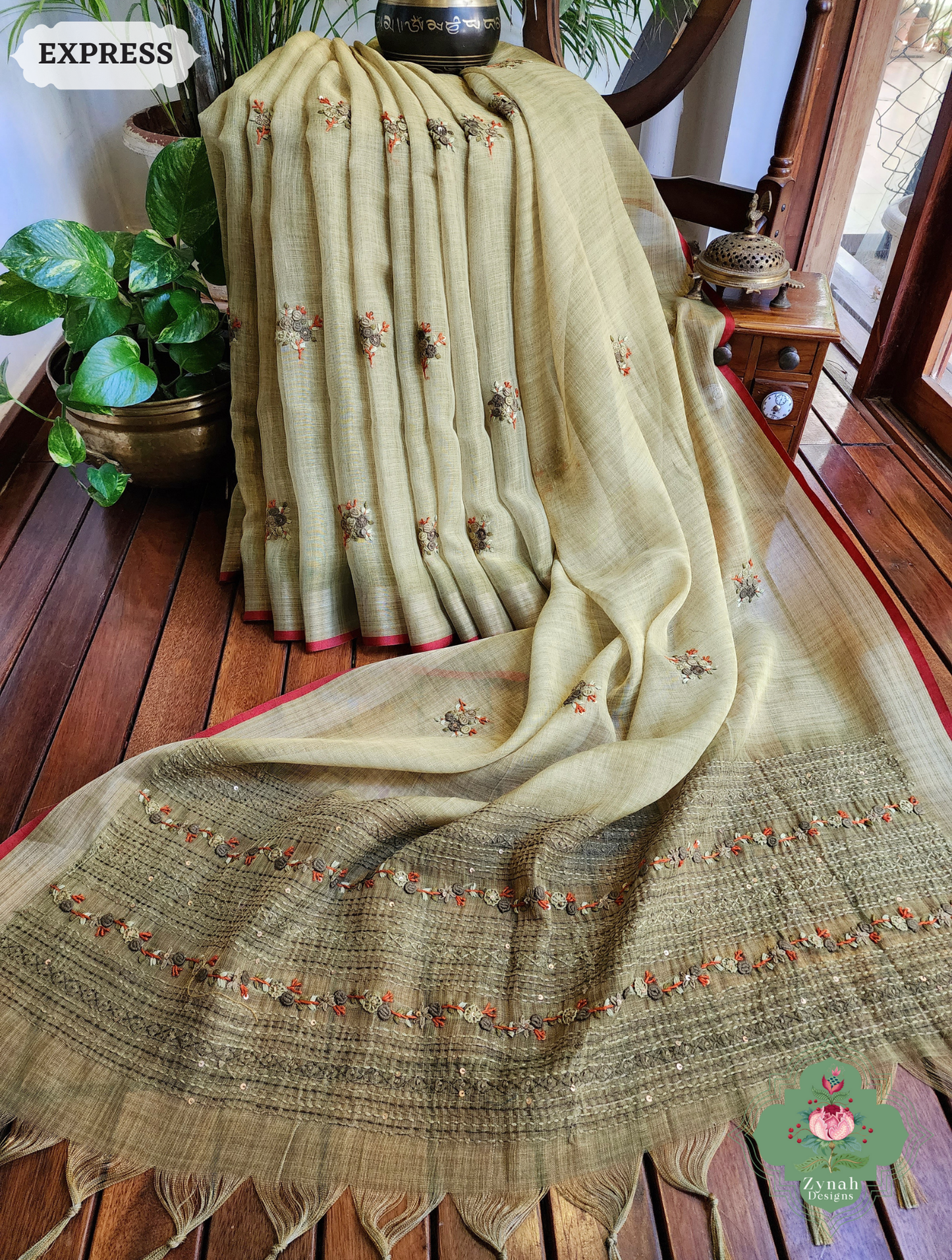 Zynah Henna Green Linen Tissue Saree Adorned With French-knot & Kantha Hand Embroidery; Custom Stitched/Ready-made Blouse, Fall, Petticoat; SKU: 1903202507