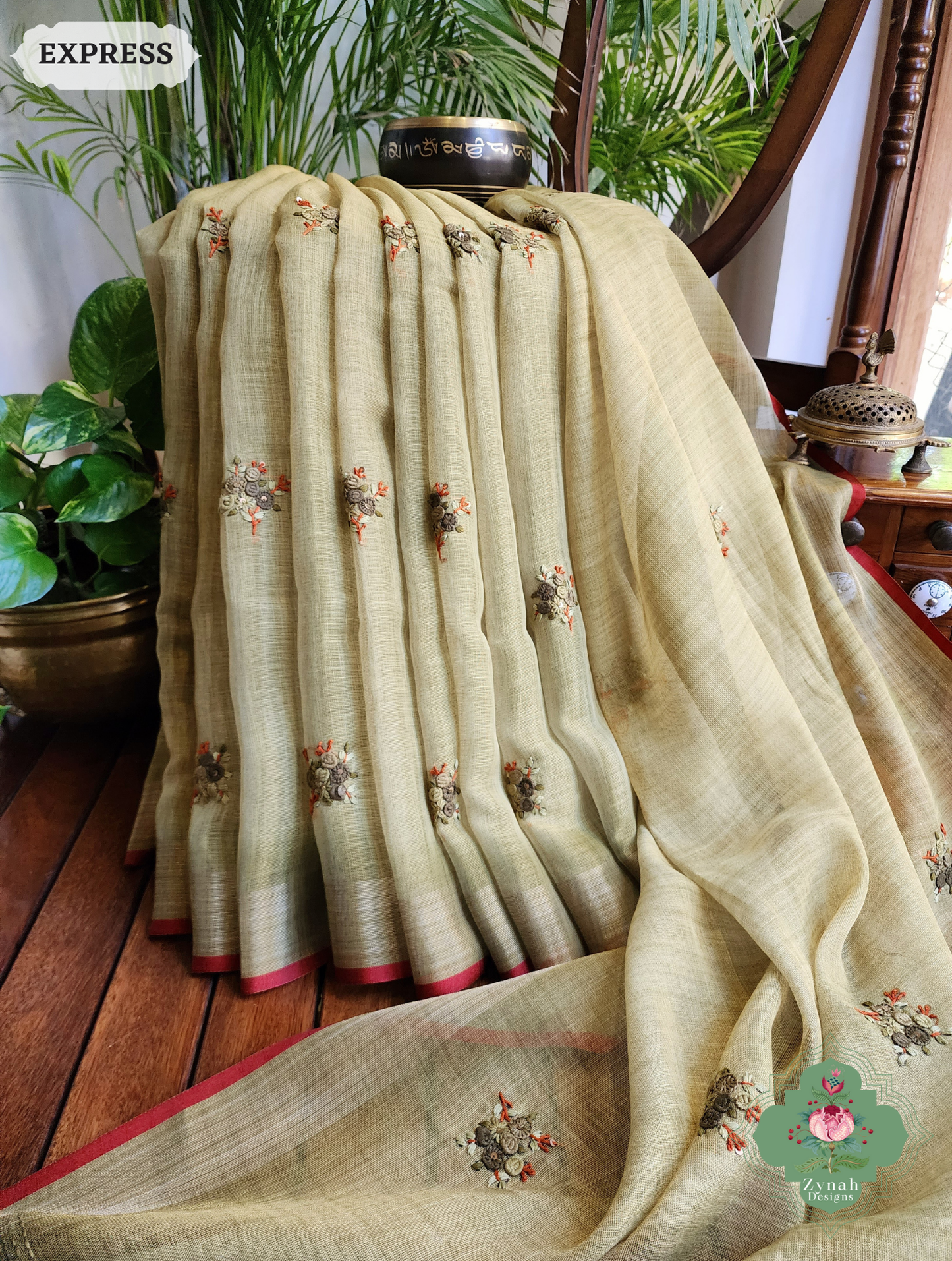 Zynah Henna Green Linen Tissue Saree Adorned With French-knot & Kantha Hand Embroidery; Custom Stitched/Ready-made Blouse, Fall, Petticoat; SKU: 1903202507