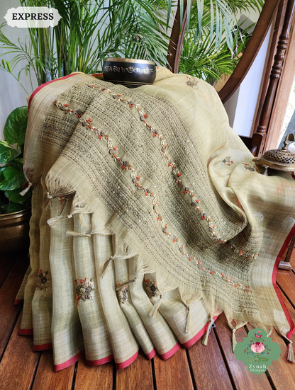 Zynah Henna Green Linen Tissue Saree Adorned With French-knot & Kantha Hand Embroidery; Custom Stitched/Ready-made Blouse, Fall, Petticoat; SKU: 1903202507
