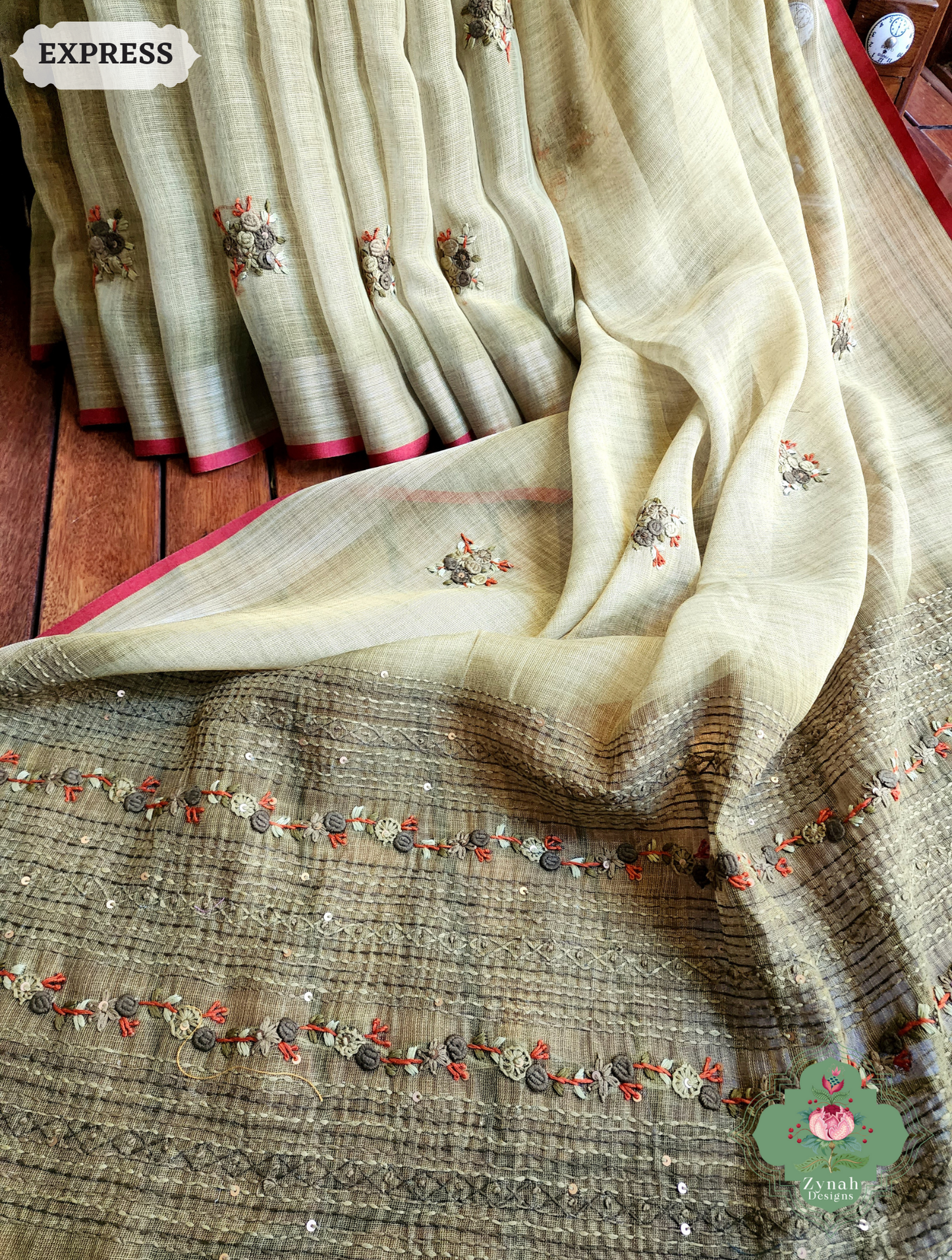 Zynah Henna Green Linen Tissue Saree Adorned With French-knot & Kantha Hand Embroidery; Custom Stitched/Ready-made Blouse, Fall, Petticoat; SKU: 1903202507