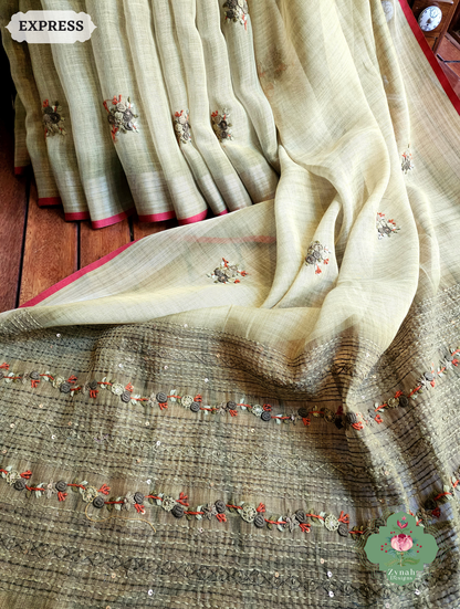 Zynah Henna Green Linen Tissue Saree Adorned With French-knot & Kantha Hand Embroidery; Custom Stitched/Ready-made Blouse, Fall, Petticoat; SKU: 1903202507