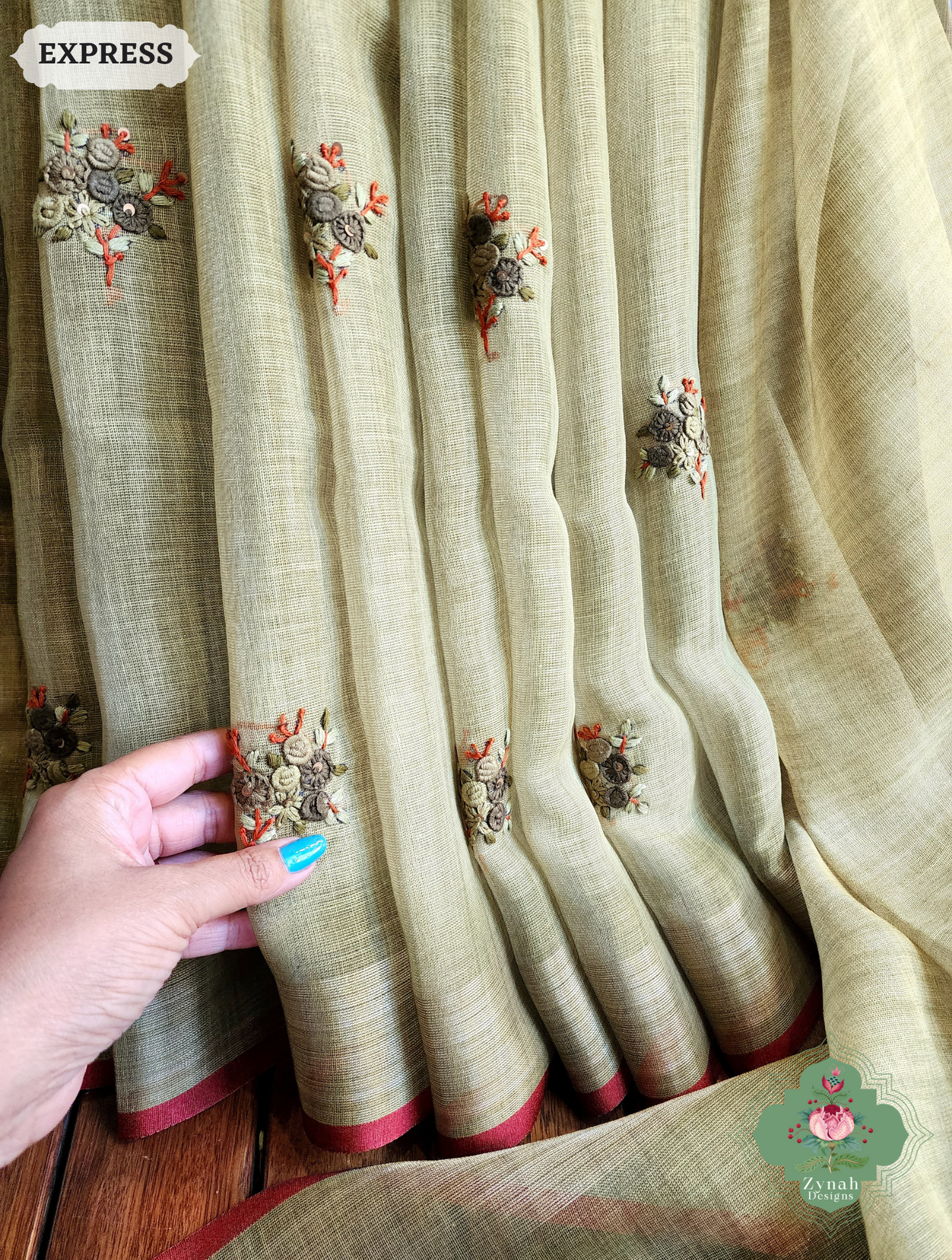 Zynah Henna Green Linen Tissue Saree Adorned With French-knot & Kantha Hand Embroidery; Custom Stitched/Ready-made Blouse, Fall, Petticoat; SKU: 1903202507