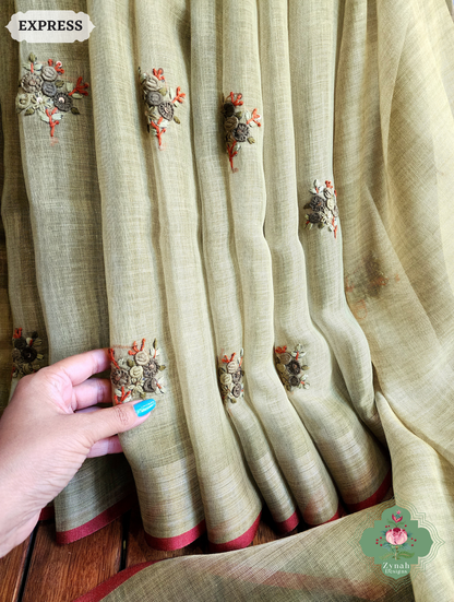 Zynah Henna Green Linen Tissue Saree Adorned With French-knot & Kantha Hand Embroidery; Custom Stitched/Ready-made Blouse, Fall, Petticoat; SKU: 1903202507