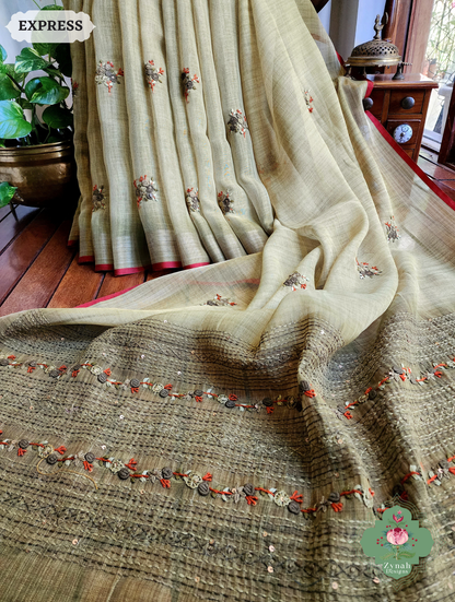 Zynah Henna Green Linen Tissue Saree Adorned With French-knot & Kantha Hand Embroidery; Custom Stitched/Ready-made Blouse, Fall, Petticoat; SKU: 1903202507