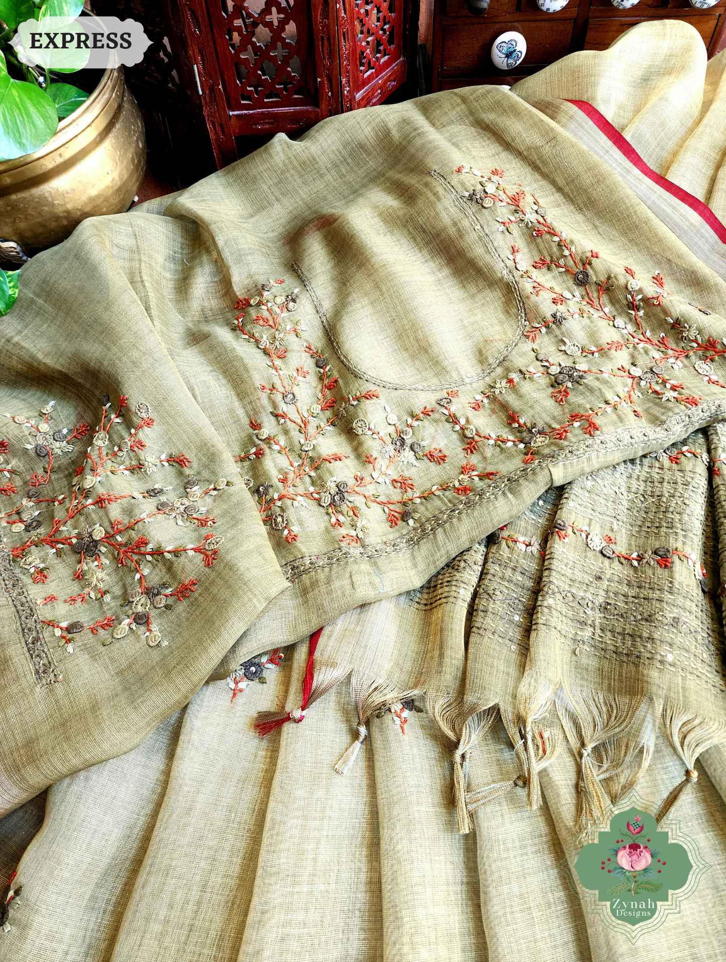 Zynah Henna Green Linen Tissue Saree Adorned With French-knot & Kantha Hand Embroidery; Custom Stitched/Ready-made Blouse, Fall, Petticoat; SKU: 1903202507