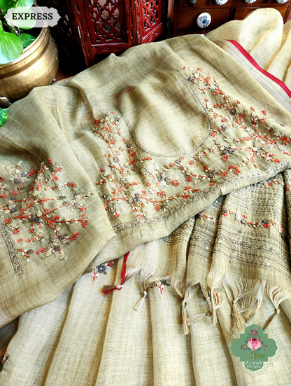 Zynah Henna Green Linen Tissue Saree Adorned With French-knot & Kantha Hand Embroidery; Custom Stitched/Ready-made Blouse, Fall, Petticoat; SKU: 1903202507