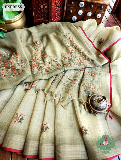 Zynah Henna Green Linen Tissue Saree Adorned With French-knot & Kantha Hand Embroidery; Custom Stitched/Ready-made Blouse, Fall, Petticoat; SKU: 1903202507