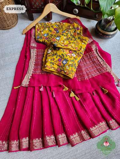 Hot Pink Crepe Silk Saree With Sequins Work, Sleek Border & Kantha Work On Pallu 1