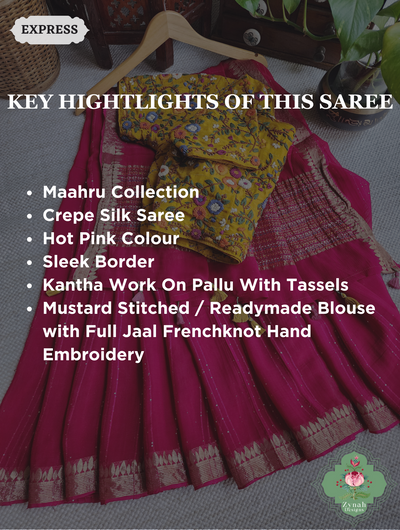 Hot Pink Crepe Silk Saree With Sequins Work, Sleek Border & Kantha Work On Pallu 2