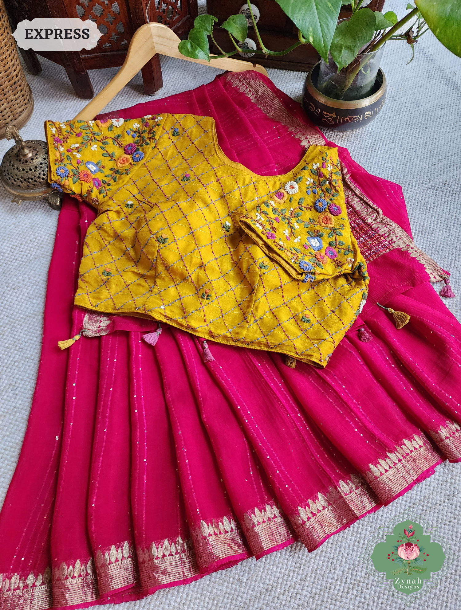 Hot Pink Crepe Silk Saree With Sequins Work, Sleek Border & Kantha Work On Pallu 3