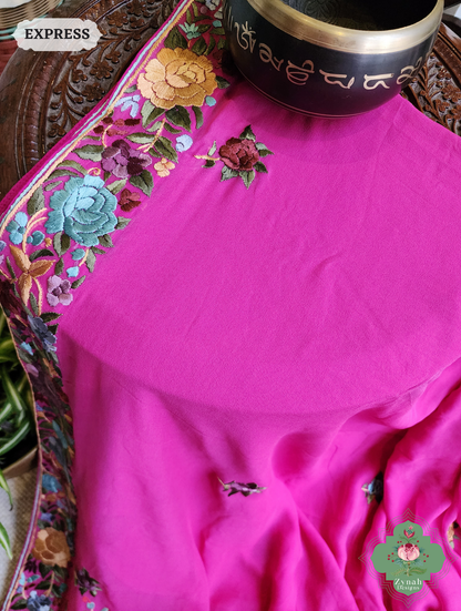 Hot Pink Georgette Hand Embroidered Parsi Gara Saree 12