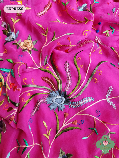 Hot Pink Georgette Hand Embroidered Parsi Gara Saree 15