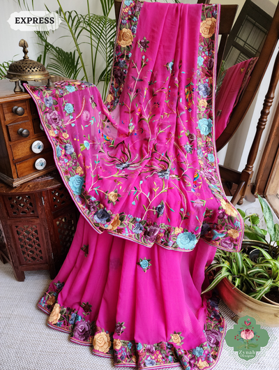 Hot Pink Georgette Hand Embroidered Parsi Gara Saree 1