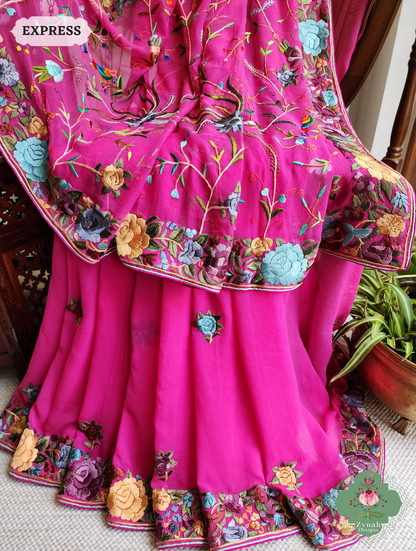 Hot Pink Georgette Hand Embroidered Parsi Gara Saree 3