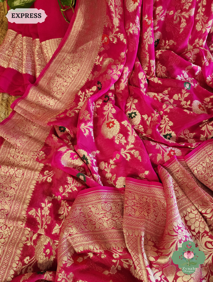 Zynah Hot Pink Pure Khaddi Georgette Banarasi Saree With Meena Work & Zari Woven Border & Pallu; Custom Stitched/Ready-made Blouse, Fall, Petticoat; SKU: 1806202502