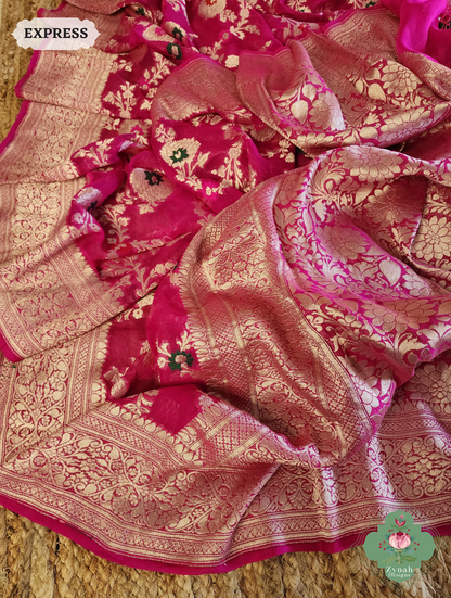 Zynah Hot Pink Pure Khaddi Georgette Banarasi Saree With Meena Work & Zari Woven Border & Pallu; Custom Stitched/Ready-made Blouse, Fall, Petticoat; SKU: 1806202502