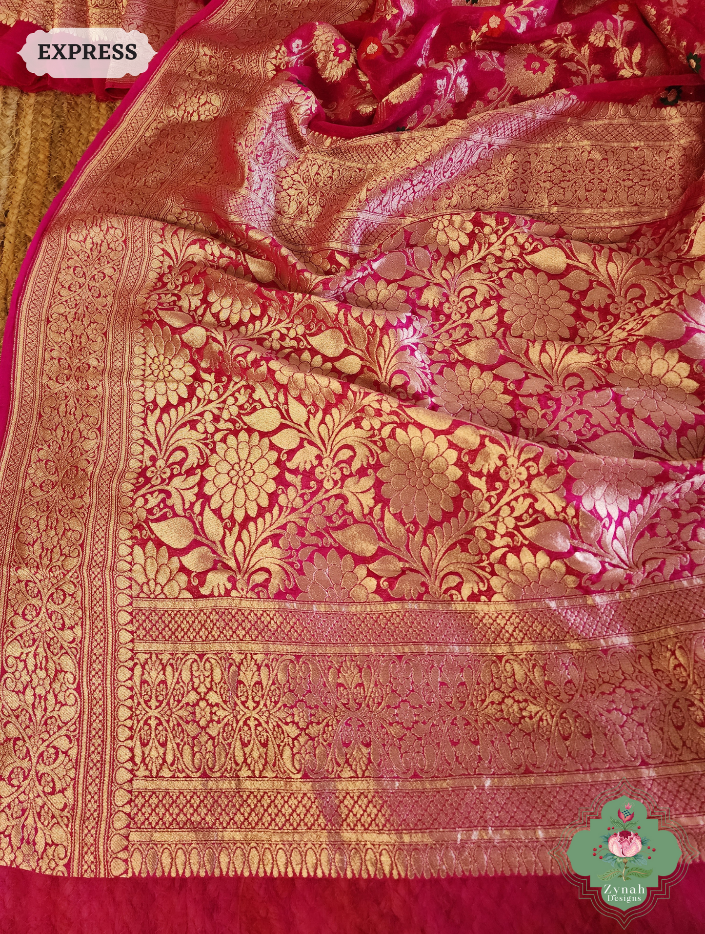Zynah Hot Pink Pure Khaddi Georgette Banarasi Saree With Meena Work & Zari Woven Border & Pallu; Custom Stitched/Ready-made Blouse, Fall, Petticoat; SKU: 1806202502