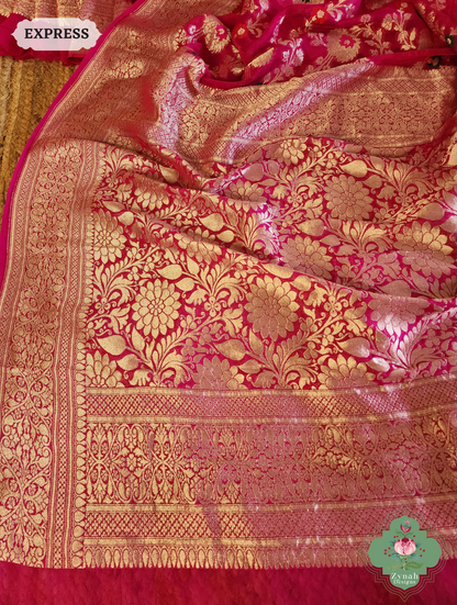 Zynah Hot Pink Pure Khaddi Georgette Banarasi Saree With Meena Work & Zari Woven Border & Pallu; Custom Stitched/Ready-made Blouse, Fall, Petticoat; SKU: 1806202502