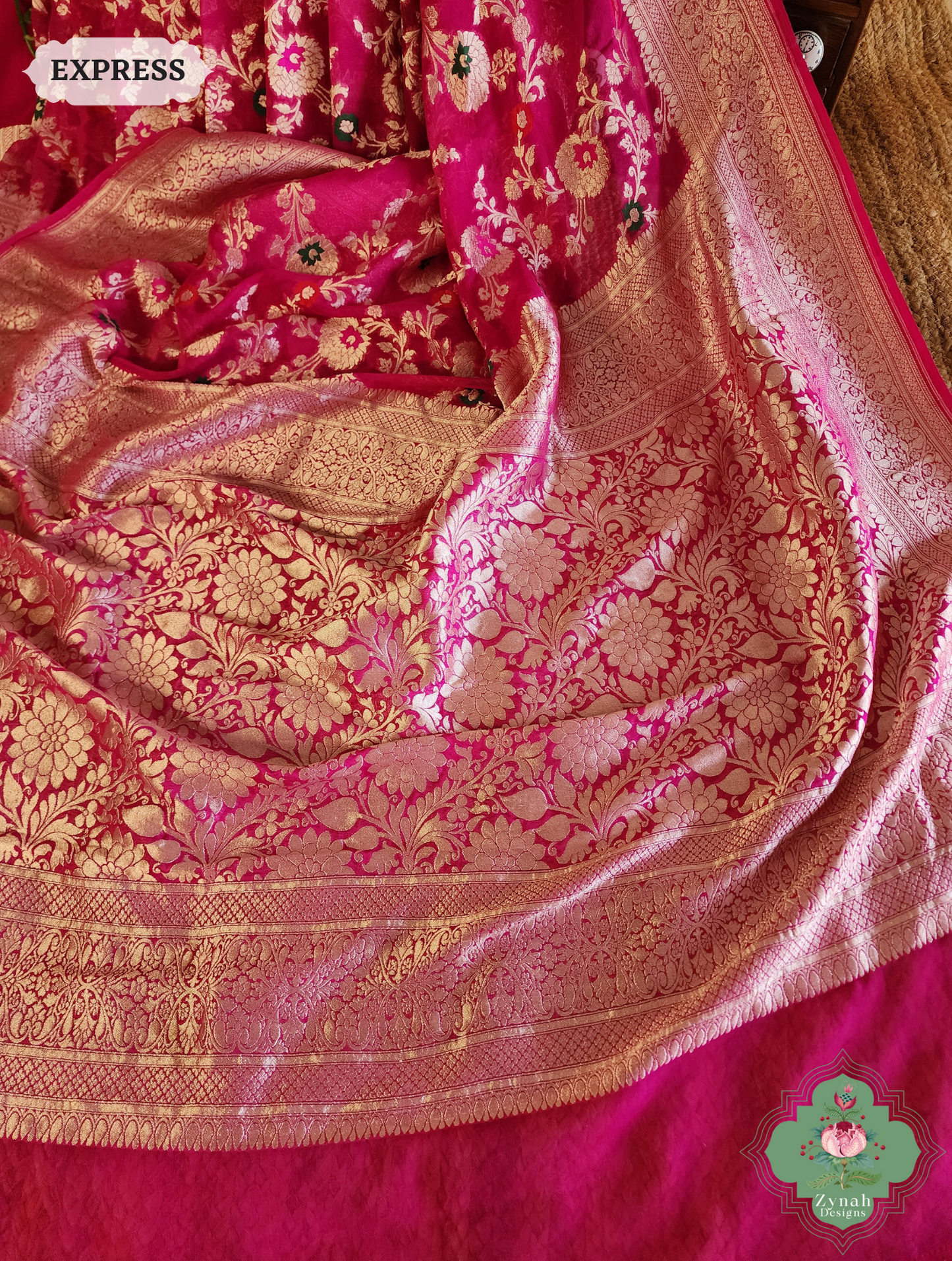 Zynah Hot Pink Pure Khaddi Georgette Banarasi Saree With Meena Work & Zari Woven Border & Pallu; Custom Stitched/Ready-made Blouse, Fall, Petticoat; SKU: 1806202502