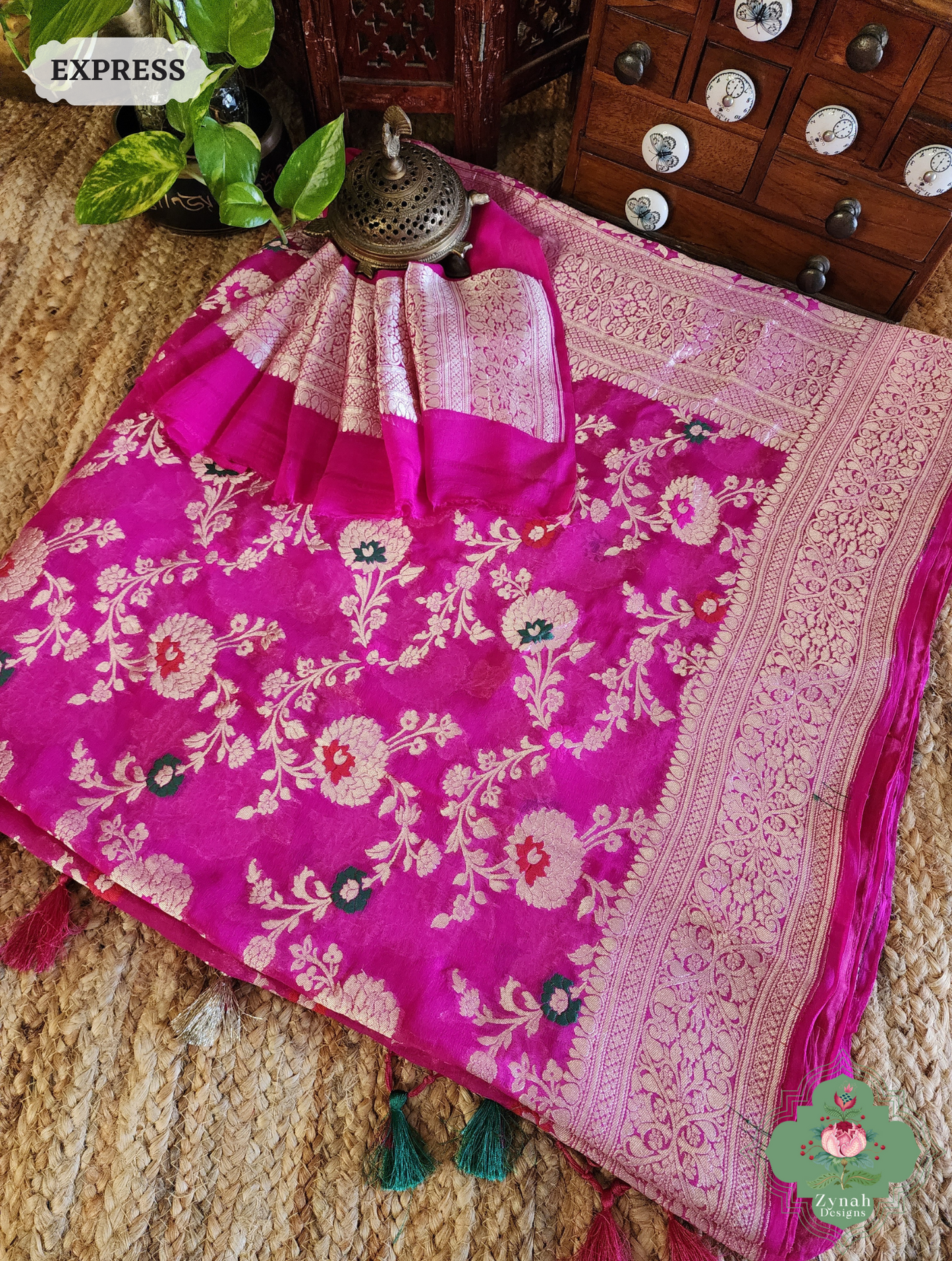 Zynah Hot Pink Pure Khaddi Georgette Banarasi Saree With Meena Work & Zari Woven Border & Pallu; Custom Stitched/Ready-made Blouse, Fall, Petticoat; SKU: 1806202502