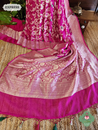 Zynah Hot Pink Pure Khaddi Georgette Banarasi Saree With Meena Work & Zari Woven Border & Pallu; Custom Stitched/Ready-made Blouse, Fall, Petticoat; SKU: 1806202502