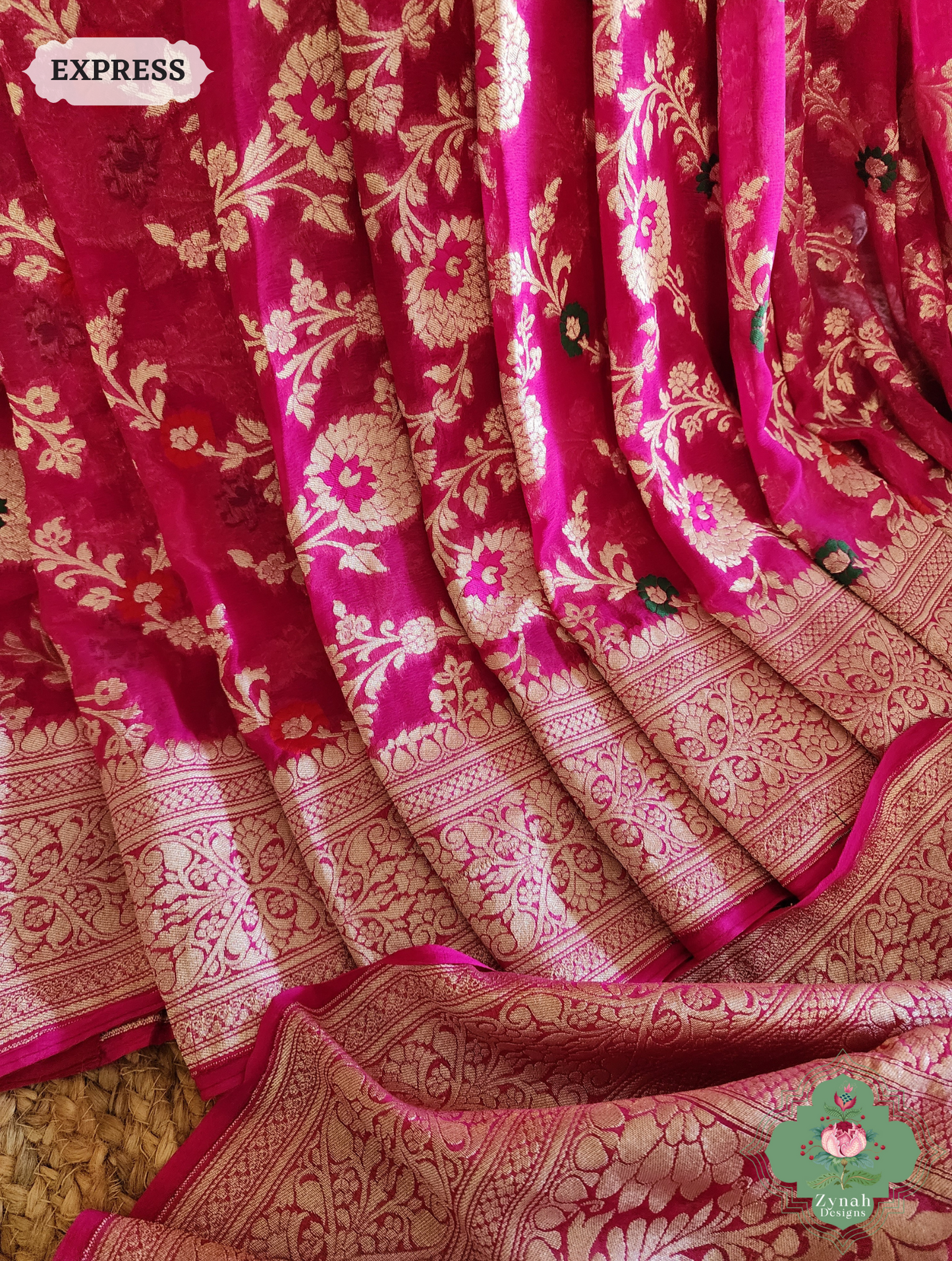 Zynah Hot Pink Pure Khaddi Georgette Banarasi Saree With Meena Work & Zari Woven Border & Pallu; Custom Stitched/Ready-made Blouse, Fall, Petticoat; SKU: 1806202502