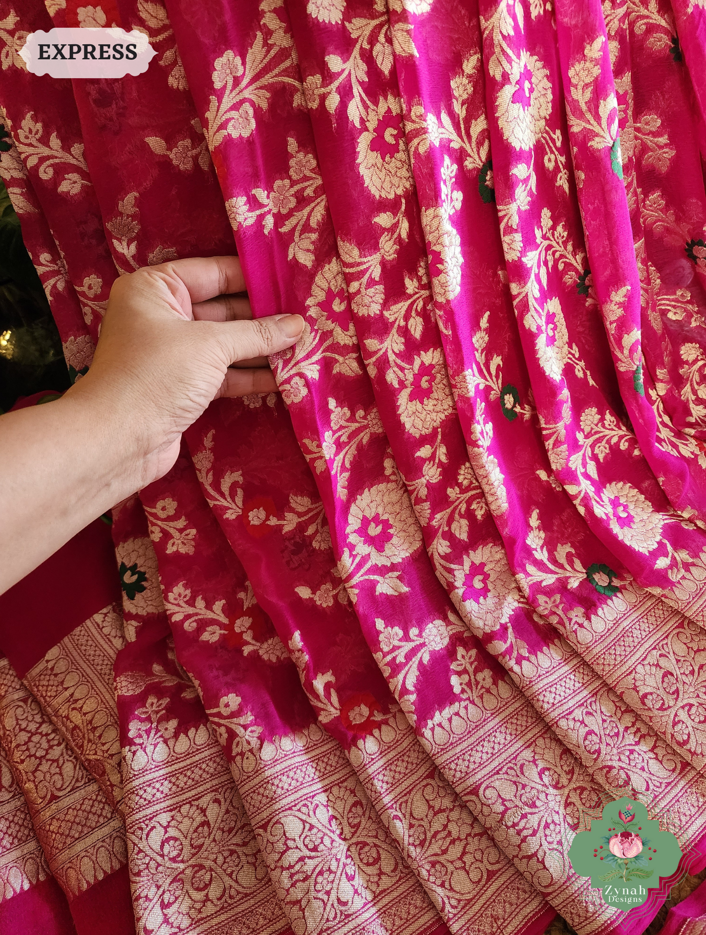 Zynah Hot Pink Pure Khaddi Georgette Banarasi Saree With Meena Work & Zari Woven Border & Pallu; Custom Stitched/Ready-made Blouse, Fall, Petticoat; SKU: 1806202502