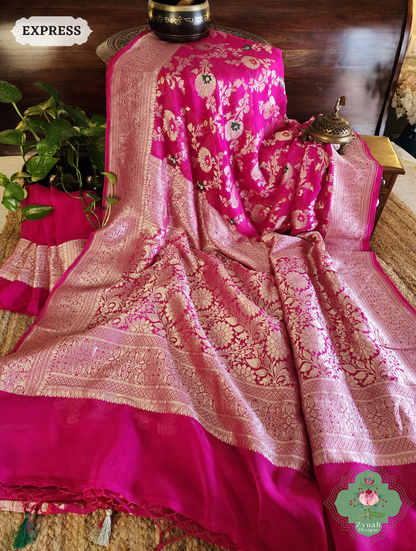 Zynah Hot Pink Pure Khaddi Georgette Banarasi Saree With Meena Work & Zari Woven Border & Pallu; Custom Stitched/Ready-made Blouse, Fall, Petticoat; SKU: 1806202502