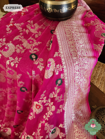 Zynah Hot Pink Pure Khaddi Georgette Banarasi Saree With Meena Work & Zari Woven Border & Pallu; Custom Stitched/Ready-made Blouse, Fall, Petticoat; SKU: 1806202502