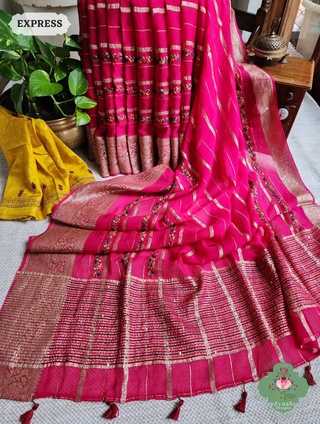 Hot Pink Organza Crepe Silk Saree With Zari Borders & Stripes & French Knot Hand Embroidery 1