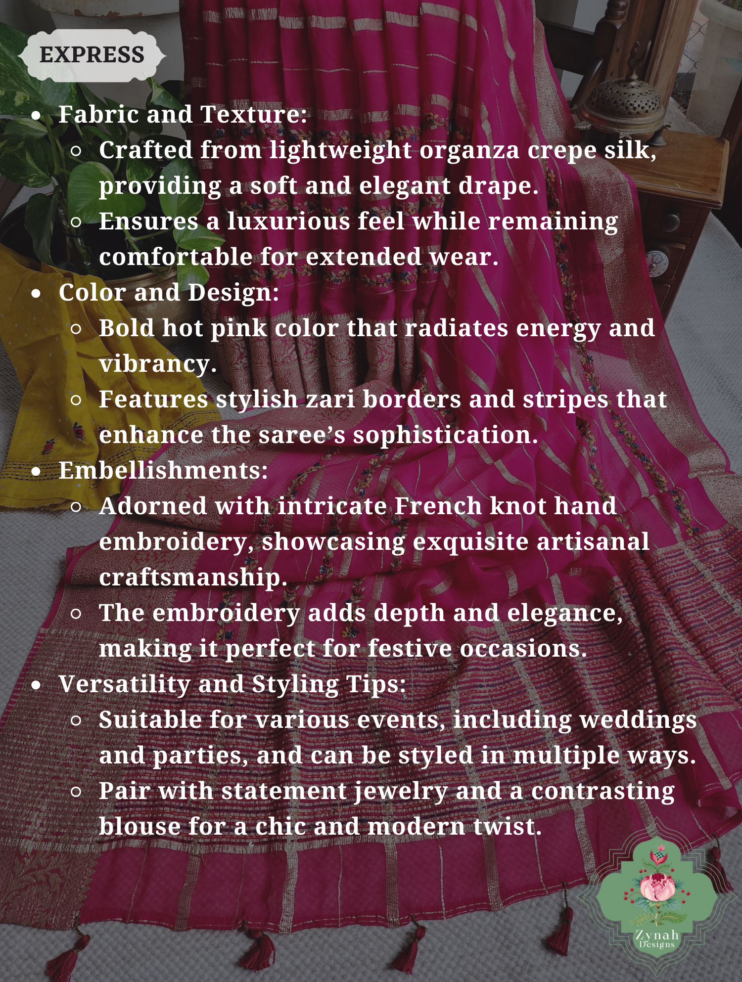 Hot Pink Organza Crepe Silk Saree With Zari Borders & Stripes & French Knot Hand Embroidery 2