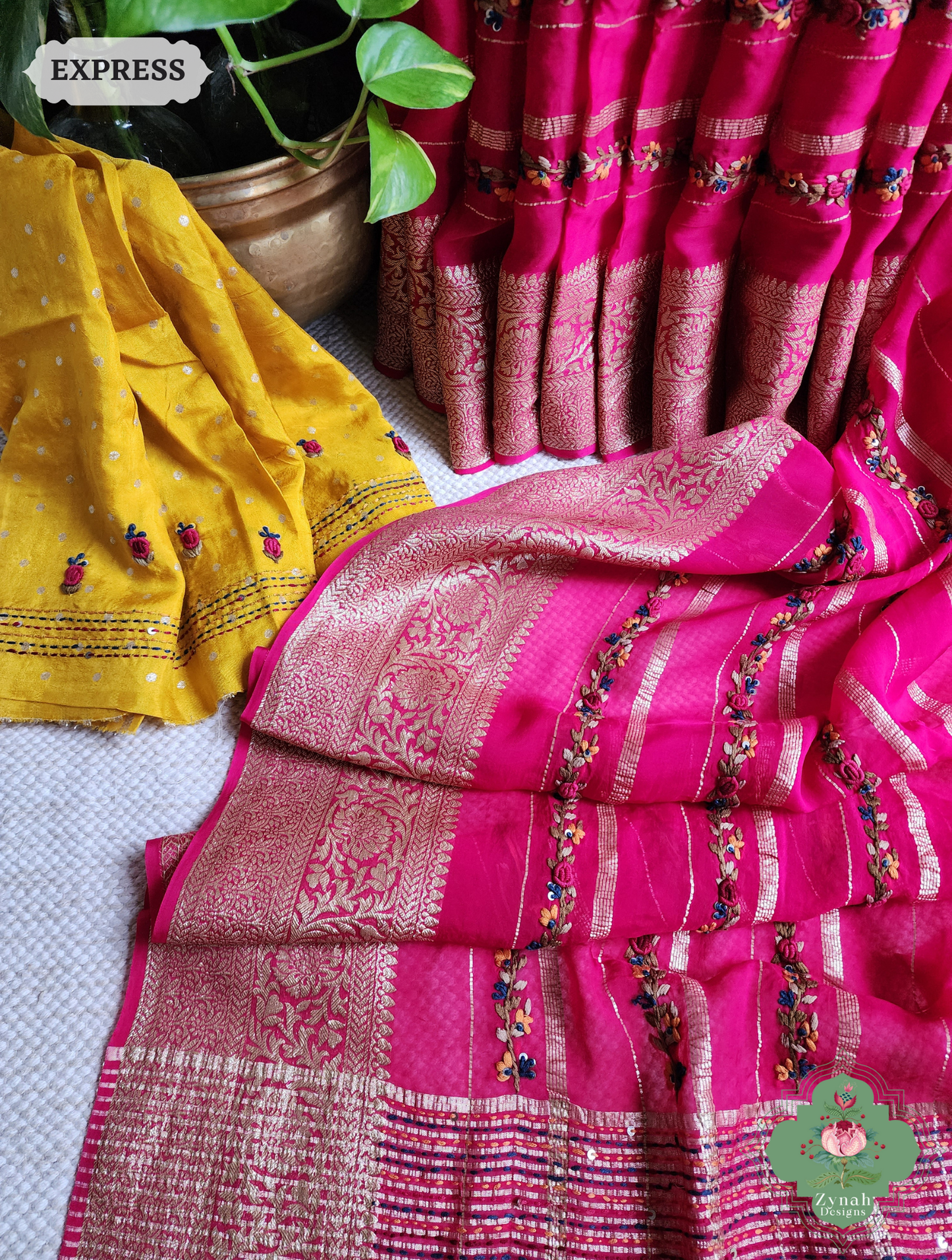 Hot Pink Organza Crepe Silk Saree With Zari Borders & Stripes & French Knot Hand Embroidery 3