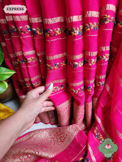Hot Pink Organza Crepe Silk Saree With Zari Borders & Stripes & French Knot Hand Embroidery 4